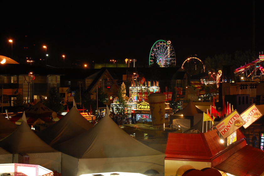 A photo of the Calgary Stampede at night, with a brightly lit Ferris wheel in the background.