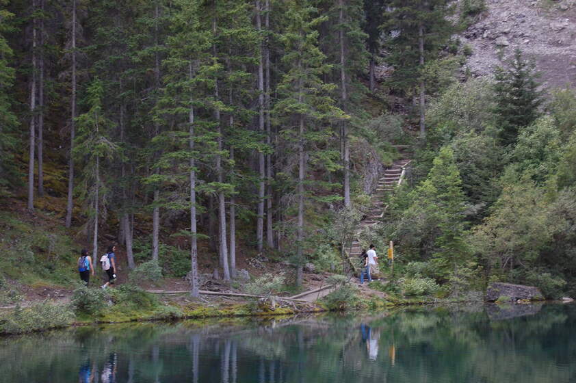 A serene forest scene with a lake reflecting the surrounding trees. A group of people is walking along a path beside the lake, with stairs leading up the hillside in the background.