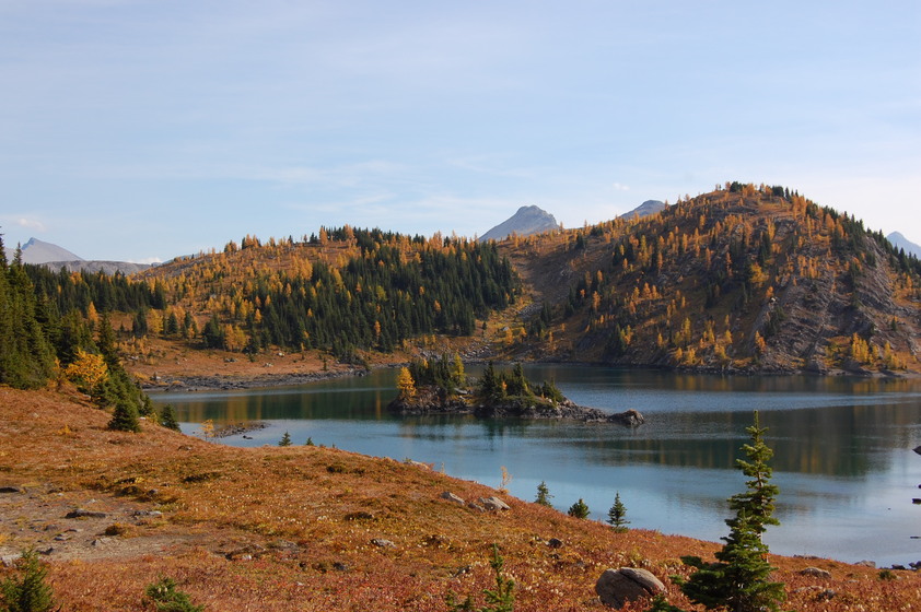 Autumn landscape with a tranquil lake surrounded by yellow and green trees, rocky mountains in the background, and a clear blue sky above.