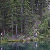A serene forest scene with a lake reflecting the surrounding trees. A group of people is walking along a path beside the lake, with stairs leading up the hillside in the background.